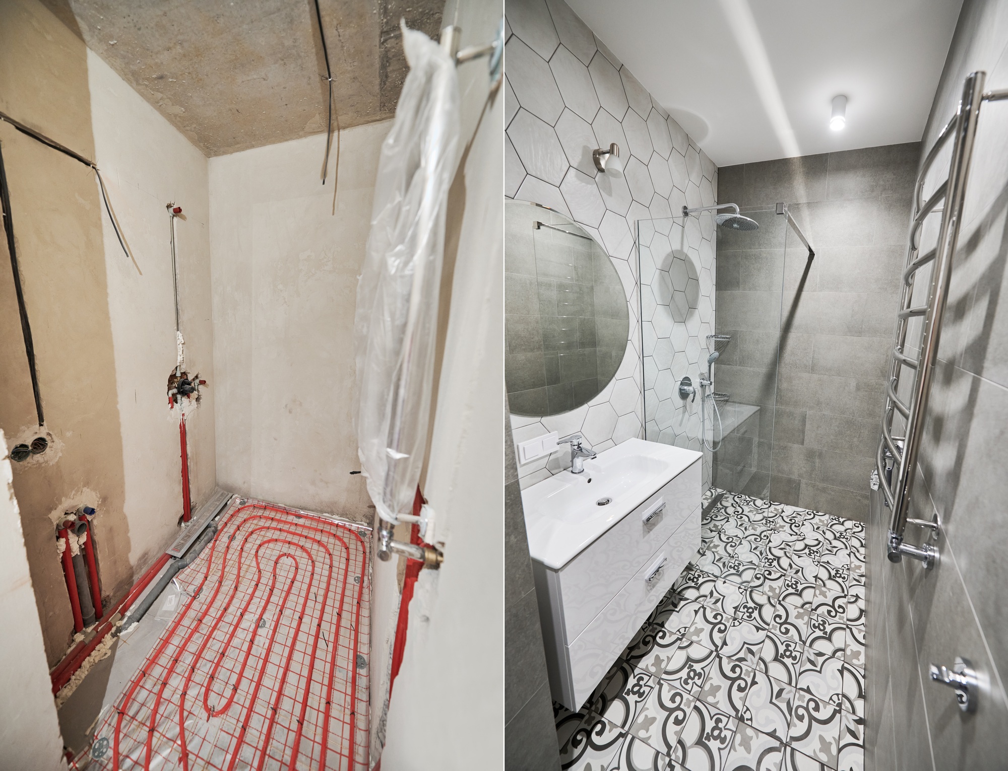 Badrum i Malmö med golvvärme före och efter renovering.