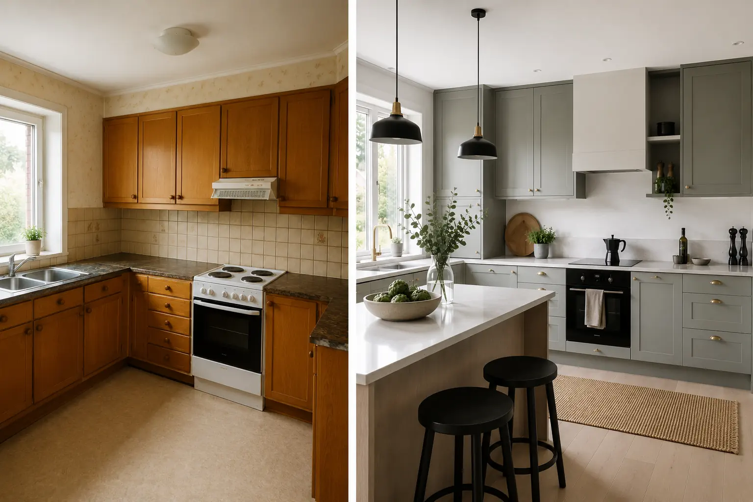 Före och efter köksrenovering i modernt hem