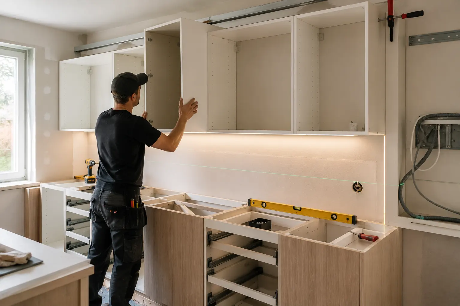 Hantverkare monterar köksskåp vid köksrenovering