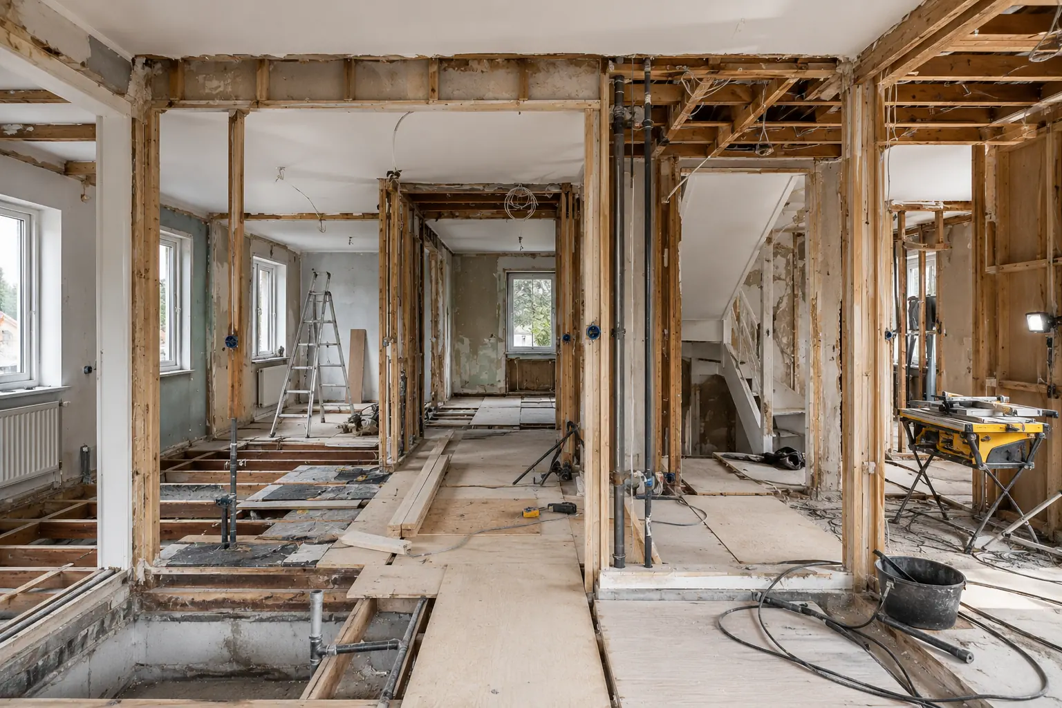 Hus under totalrenovering med hantverkare på plats