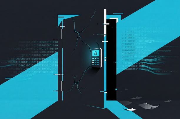 A reinforced door with a red digital lock, slightly ajar and opening into darkness, representing the compromised remote access and data encryption that locked out the victims.