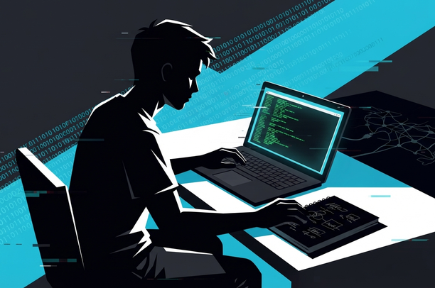 Ilustra el momento de estudio práctico: alguien joven frente a un terminal real, tomando notas, representando el aprendizaje hands-on del eJPT.