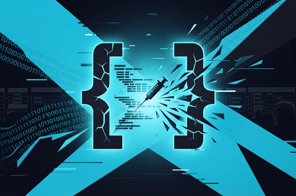Representación metafórica de la inyección SQL en la función jsonArrayContains de GeoServer, con estructuras de datos distorsionándose por el exploit.