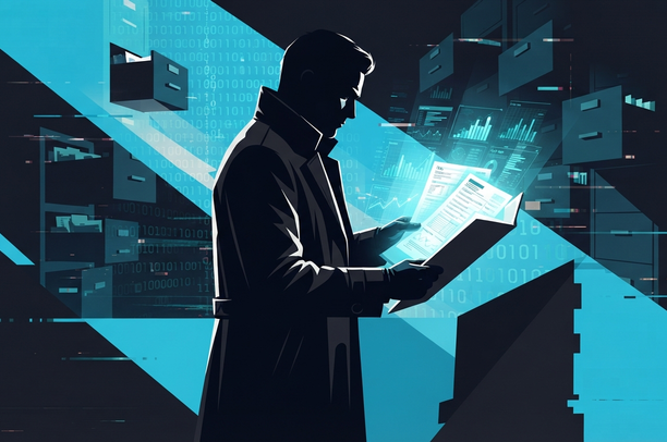 An image illustrating the calculated extraction of personal and tax data: an attacker coldly examining detailed information about the income and family circumstances of thousands of people.