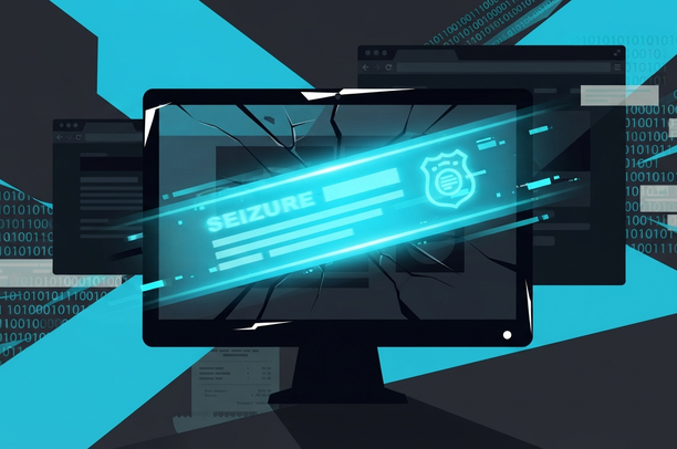 Cracked monitor displaying the FBI seizure notice over NightmareStresser's domains, with cryptocurrency transaction receipts in the background.