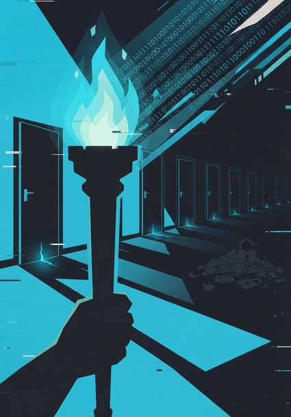 Imagen lateral que evoca el patrón de ataques de ShinyHunters contra múltiples organizaciones: una antorcha ilumina una hilera de puertas cerradas con grietas, representando la escalada sistemática del grupo contra distintos objetivos.