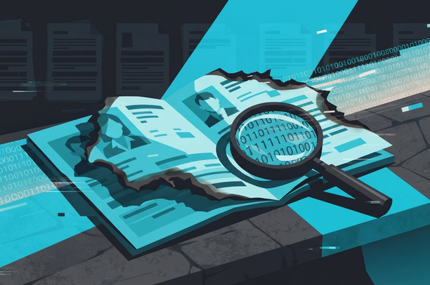 Imagen de profundización que representa el riesgo real de los datos filtrados de agentes: un expediente abierto con información personal expuesta y parcialmente destruida, bajo la lupa de una investigación en curso.