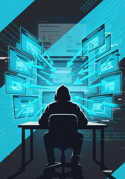 Anonymous figure managing multiple simultaneous DDoS attacks from a control panel, representing the industrial scale of booter services.