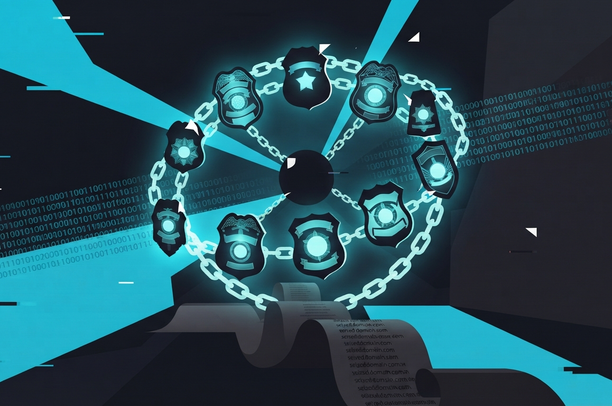 A ring of interlinked international law enforcement badges surrounding and closing in on a dark central node, symbolizing the global coordination of Operation PowerOFF.