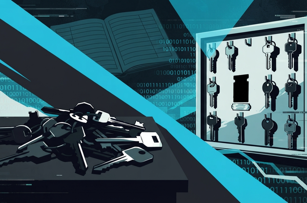 Illustrates the traceability gap in shared credentials: physical keys with no control or record, symbolizing API passwords, databases, and services that SSO does not cover.