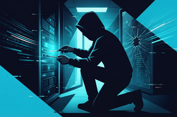 Imagen que ilustra la explotación técnica del zero-day en el software de reclutamiento: una figura encapuchada accede con precisión quirúrgica a la infraestructura del servidor, evocando el exploit sobre Oracle PeopleSoft.