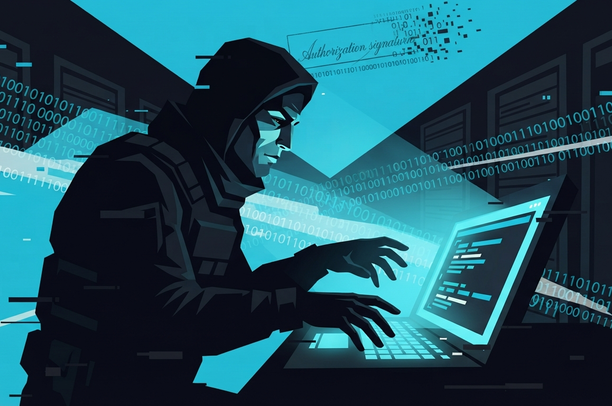 Illustrates the mechanics of the attack: access to the internal wallet system, transaction data forgery, and fraudulent activation of the authorization signing process.