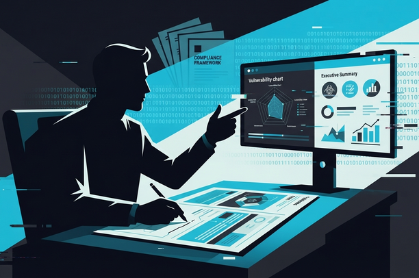 Escena que ilustra la competencia de reporte técnico del eMAPT: un profesional redactando un informe de vulnerabilidades para audiencias técnicas y no técnicas, apoyado en frameworks como OWASP MASVS.