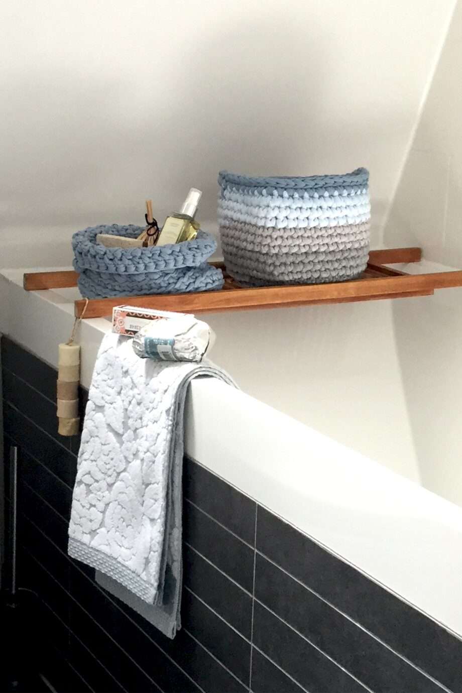 groovy blue crochet cotton basket