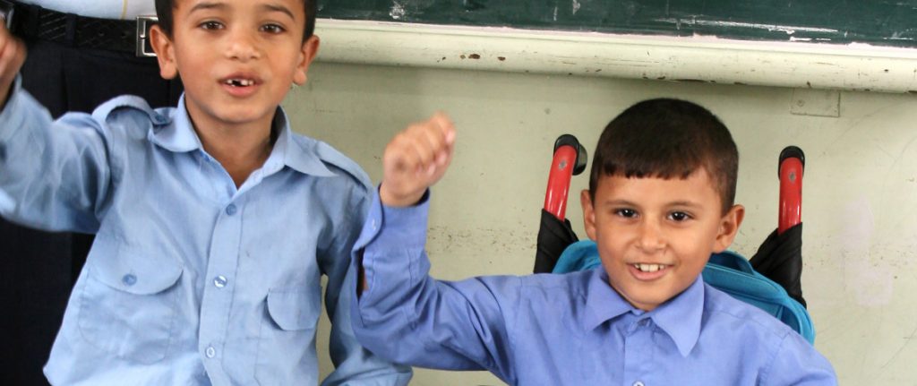 Two young boys, one of them sitting in a wheelchair.