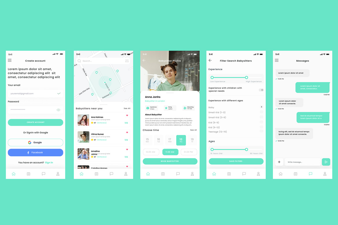 Babysitter, Babysitting, Nanny, Child-care App UI