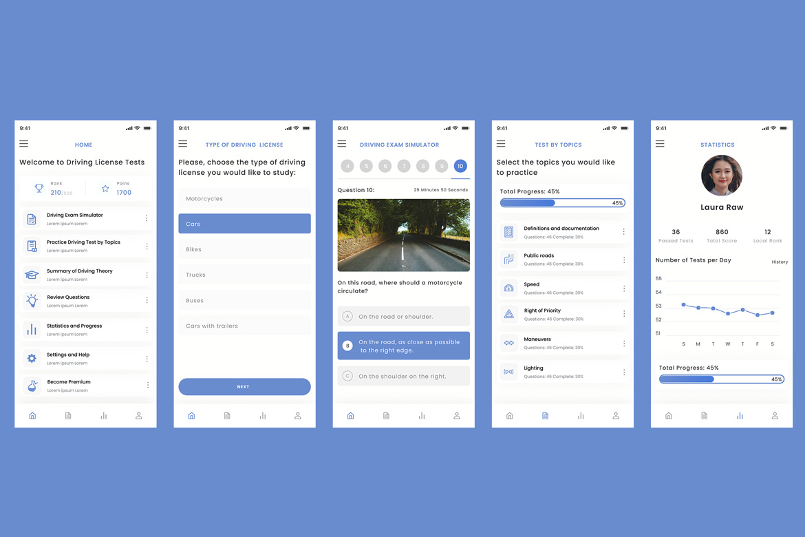 Driving License Tests & Drive Car Academy App Ui