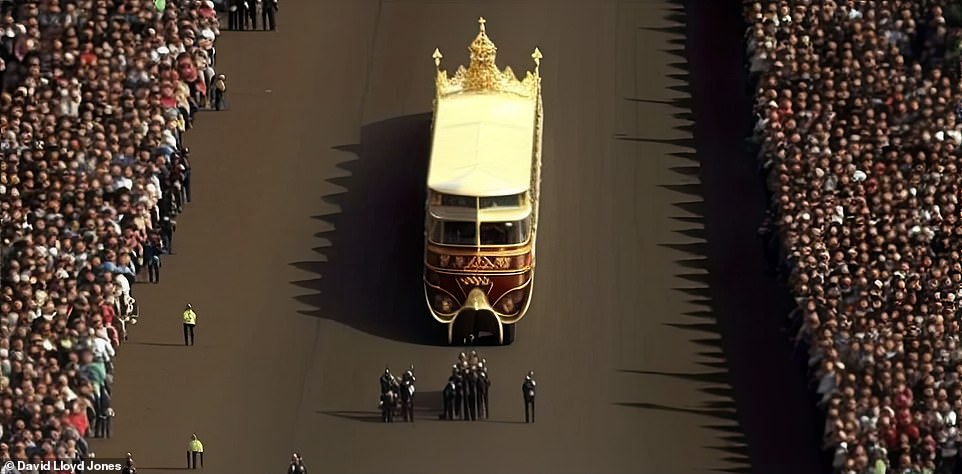 All aboard: The royal bus ferries VIPs down The Mall to Westminster Abbey... but what's going on with the shadows?