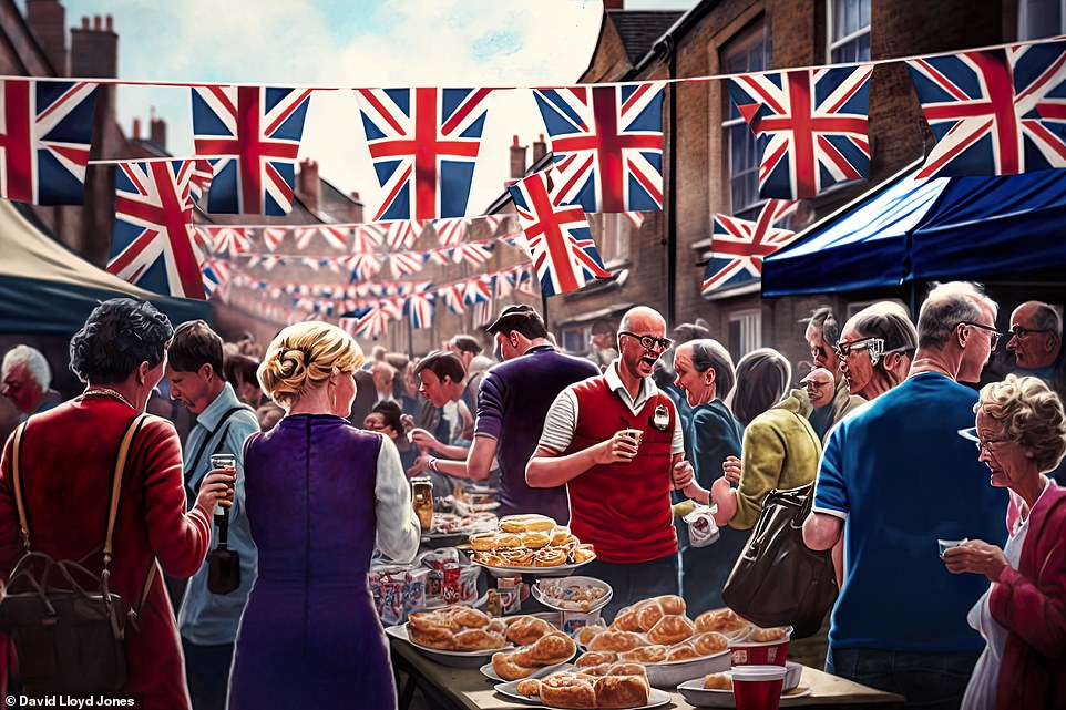 Party in full swing: Locals mingle at a coronation street bash... but what on earth are they eating?