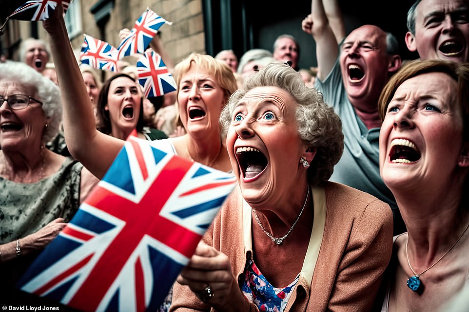Happy and glorious: Adoring crowds look aghast as they cheer, clap and wave flags on the day of King Charles' coronation