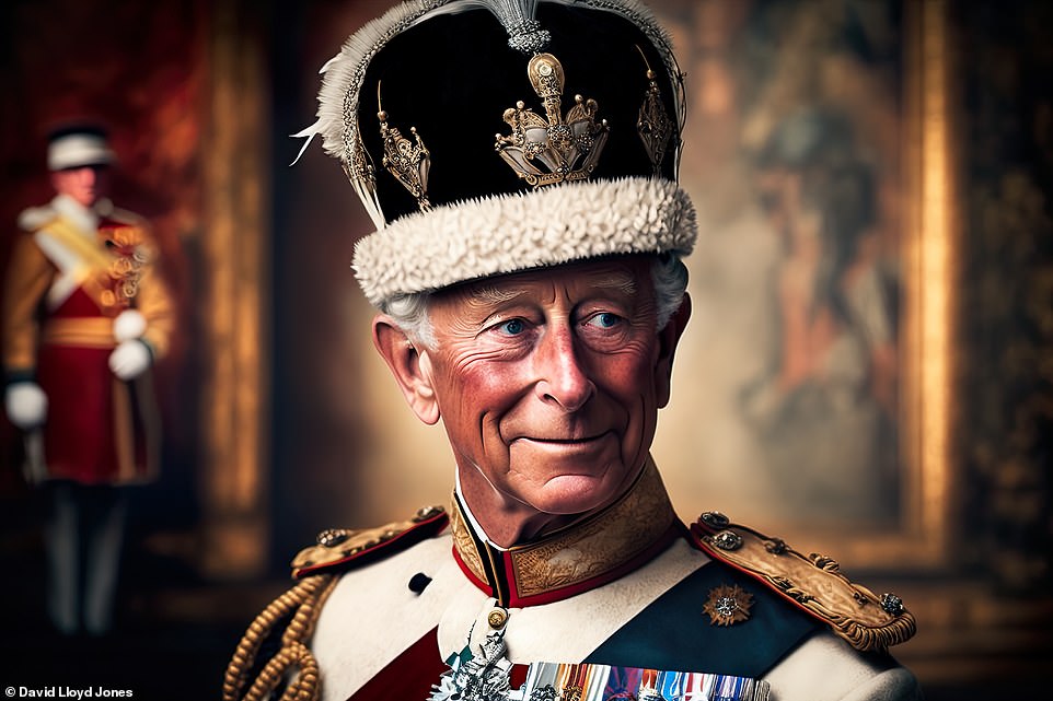 His proudest moment: Beaming Charles wears the crown and gazes across an ornate room after the crowning ceremony