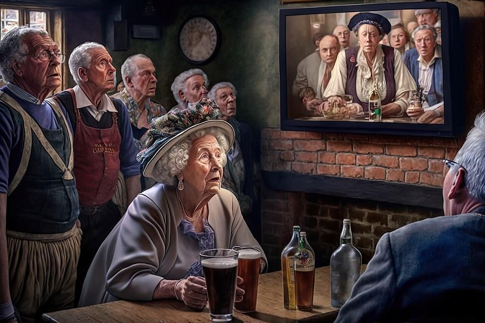 Locals appear to be watching an episode of Medieval Bake-off rather than the coronation in this bizarre image by MidJourney