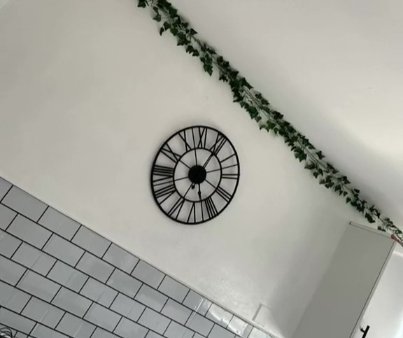 Shania added faux ivy round the top of her walls and showcased a black, vintage-looking clock