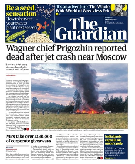 Guardian front page, Thursday 24 August 2023