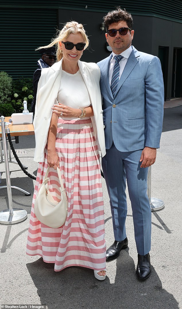 Stunning: Jenkins has consistently served effortlessly glamorous looks, such as her arrival to the to the thirteenth day of Wimbledon with her husband Andrew Levitas last month