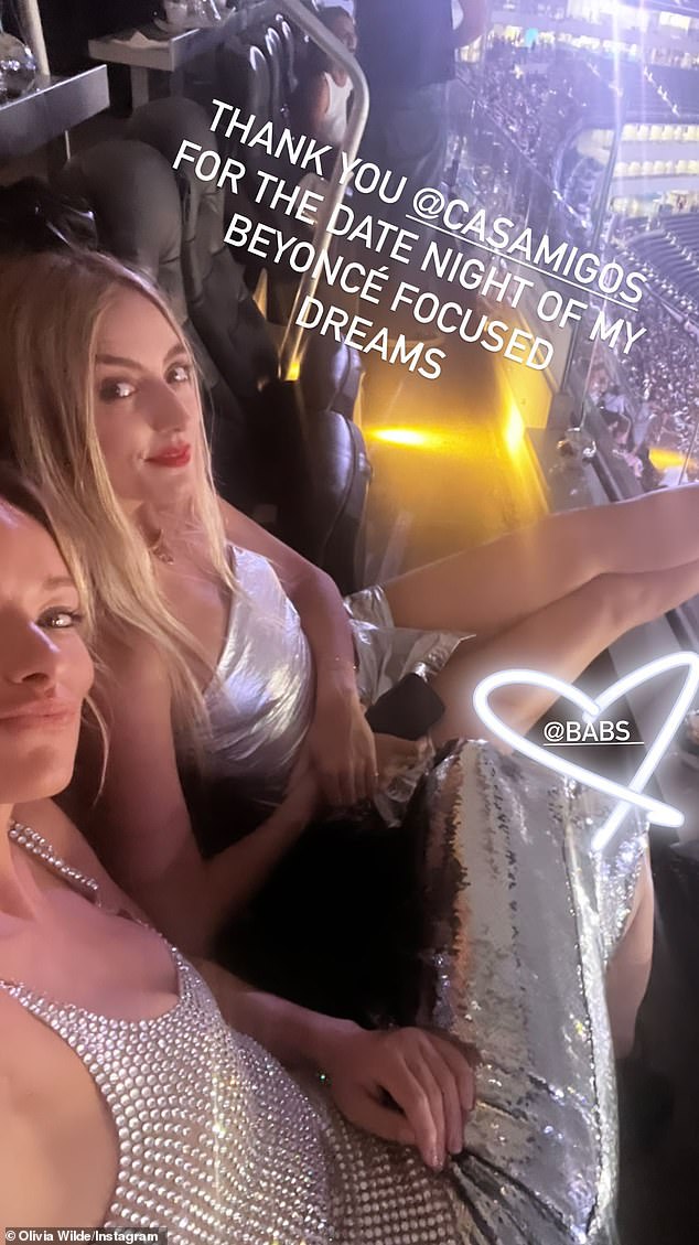 'Date night!' On Sunday, Wilde thanked tequila company Casamigos for providing herself and her Conscious Commerce co-founder Babs Burchfield (R) VIP tickets to see Beyoncé's sold-out 42nd birthday concert at SoFi Stadium in Inglewood