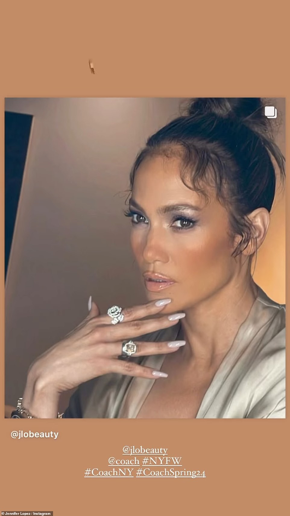 Stunning: She had a pearly pink manicure and opted for a shimmery smokey eyeshadow look