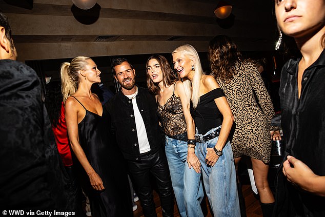 Pals: The beauty was all smiles as she chatted away to actor Justin Theroux , writer Zanna Roberts Rassi and model Bambi Northwood-Blyth