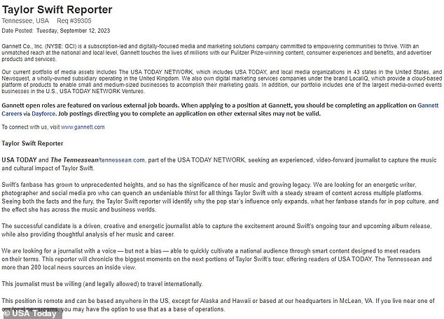 This is the job posting for the Taylor Swift Reporter role at The Tennessean