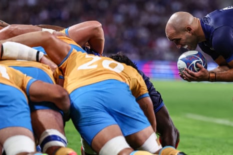 France scrum-half Maxime Lucu prepares to throw the ball in.