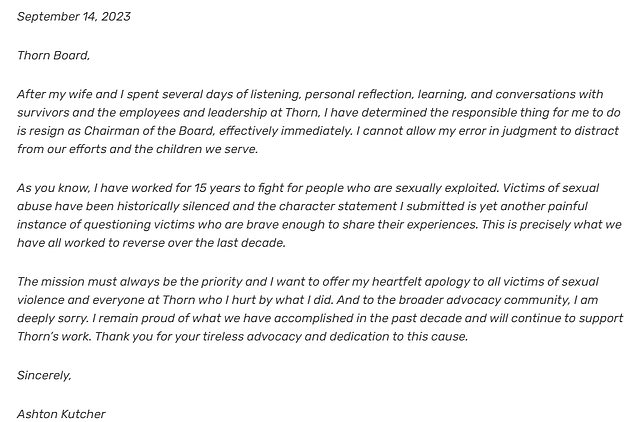Ashton Kutcher's letter to the board of Thorn, a charity he founded to prevent child sex trafficking, that was published on Friday