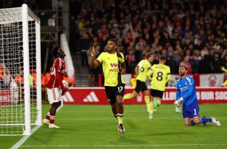 Burnley's Lyle Foster celebrates scoring their second goal before it is disallowed after a VAR review.