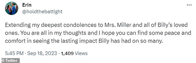Feedback: A number of Billy's friends and fans responded to Patricia's statement posted on Twitter