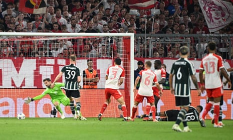 Manchester United's Casemiro scores their second goal past Bayern Munich's Sven Ulreich.