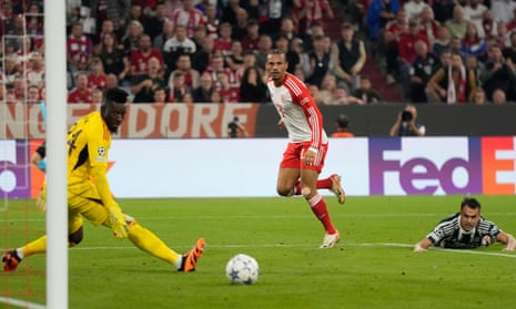 Bayern's Leroy Sane (centre) hits the post in the Champions League match between Bayern Munich and Manchester United at the Allianz Arena.