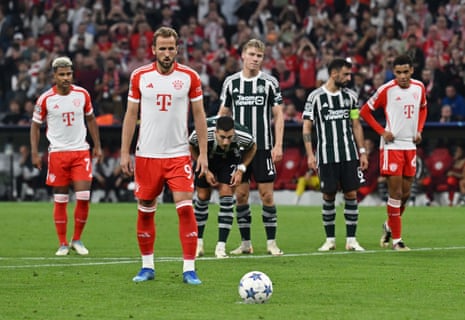 Bayern Munich’s Harry Kane before he scores their third goal from the penalty spot against Manchester United to make it 3-1.