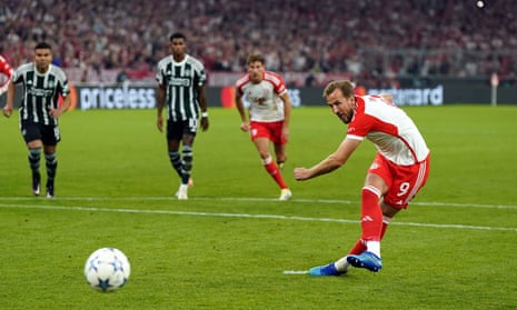 Bayern Munich’s Harry Kane scores their side’s third goal of the game during the UEFA Champions League Group A match at the Allianz Arena against Manchester United.