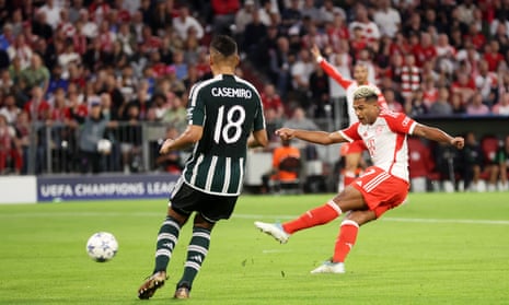 Serge Gnabry of Bayern Munich scores his sides second goal during the UEFA Champions League match between FC Bayern Munich and Manchester United at Allianz Arena.