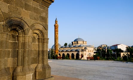 At dusk, a view of a mosque in Kars, eastern Turkey.