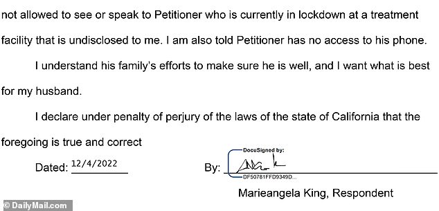 In her declaration to the court last year, Allman's now estranged wife Marieangela revealed they spent 12 days in New York City together working on their marriage when four men suddenly came to their hotel room to remove him
