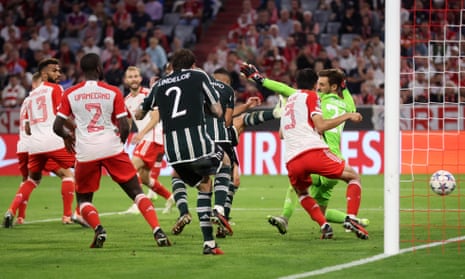 Casemiro of Manchester United scores his side’s third goal at Bayern Munich.