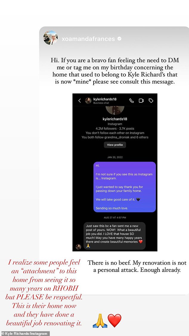 Not okay: After learning that some Real Housewives of Beverly Hills viewers were attacking Amanda Frances and her family online for renovating the property, the reality star, 54, told fans to cut it out