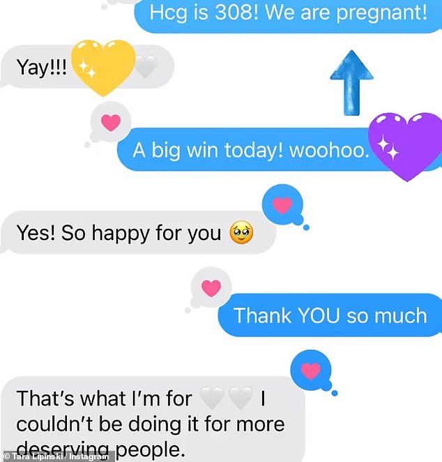 Sweet bond: And on Wednesday, Tara shared more photos in a separate post to keep fans updated on the journey and included sweet text messages between herself and their surrogate