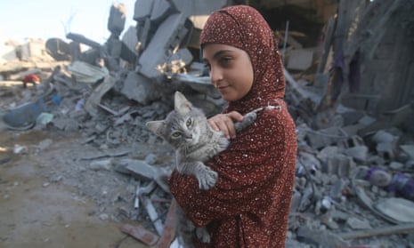 Palestinian girl rescues her cat from the rubble of destroyed buildings after Israeli airstrikes in Rafah, southern Gaza Strip, Wednesday, 18 October 2023.