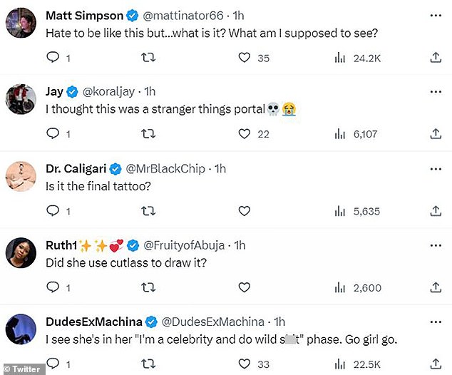 Reactions: One person online wrote about the body art, 'Hate to be like this but...what is it? what am I supposed to see?'