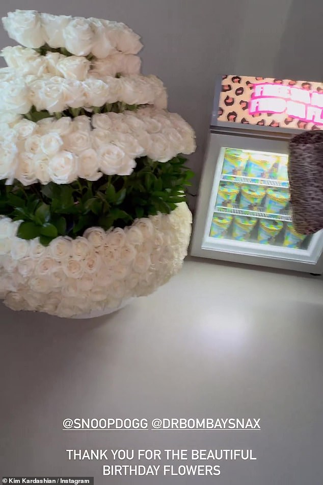 Gifts: Kim has been preparing for her birthday celebration, and recently showed her fans and followers a mini fridge filled with ice cream and a bouquet of white flowers that were gifted to her from rapper, Snoop Dogg
